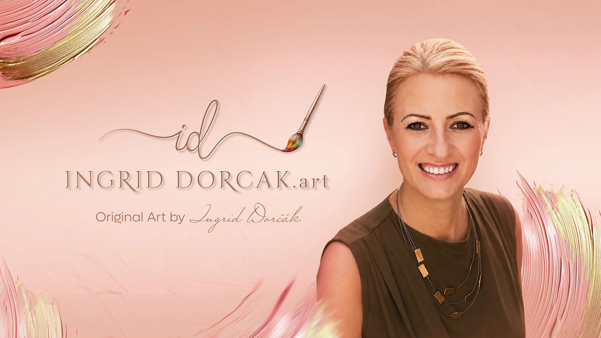 Original Art by Ingrid Dorcak — the artist, her id signature and flowing brushstrokes in peach and gold